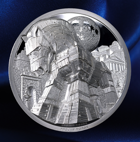 A circular silver-toned coin or medallion featuring a detailed relief of the Trojan Horse, with a textured globe behind it, set against a dark blue satin-like background.