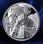 A circular silver-toned coin or medallion featuring a detailed relief of the Trojan Horse, with a textured globe behind it, set against a dark blue satin-like background.