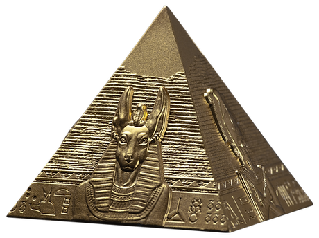 Gold pyramid with a sphinx head on a white background