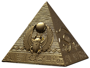 Bronze pyramid with Egyptian symbols and a scarab beetle on a white background