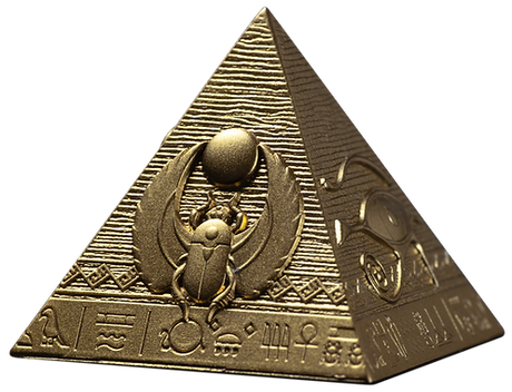 Bronze pyramid with Egyptian symbols and a scarab beetle on a white background