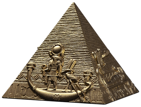 Gold pyramid with ancient Egyptian design on a white background