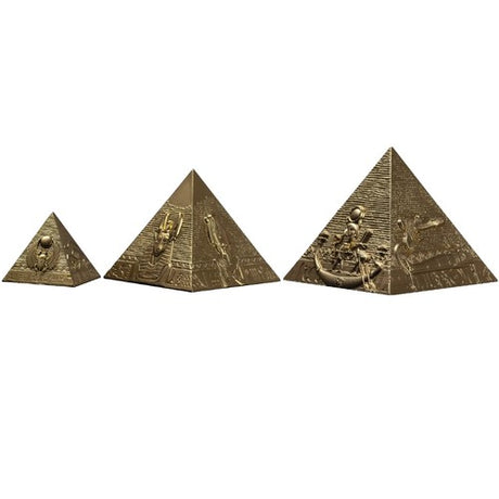Three pyramid-shaped decorative items on a white background