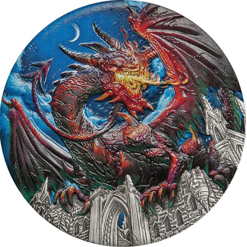 Tuvalu 2023 $5 Dragon 5oz Silver Antiqued Coloured Coin Perth Mint Reverse