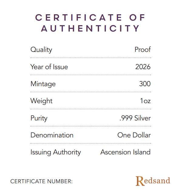 A certificate of authenticity document on a white background with purple and brown text. It lists product details such as quality proof, year of issue 2026, mintage 300, weight 1 oz, purity .
