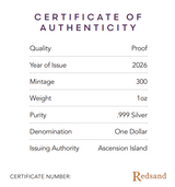 A certificate of authenticity document on a white background with purple and brown text. It lists product details such as quality proof, year of issue 2026, mintage 300, weight 1 oz, purity .