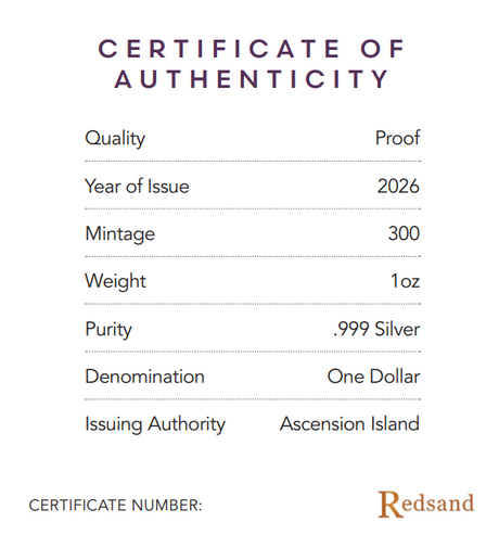 A certificate of authenticity document on a white background with purple and brown text. It lists product details such as quality proof, year of issue 2026, mintage 300, weight 1 oz, purity .