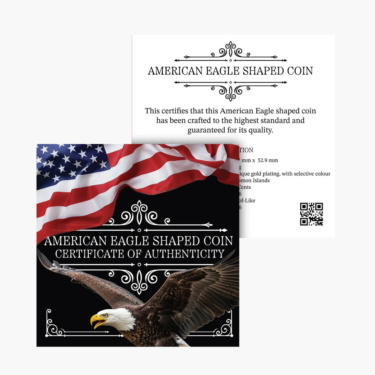 American Eagle shaped coin certificate of authenticity with American flag and eagle design.
