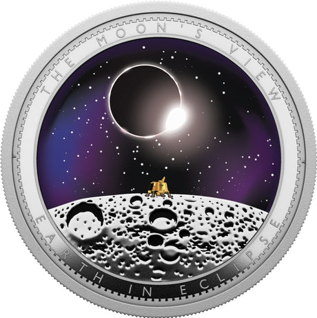 A circular silver-toned commemorative coin or medallion featuring an eclipse over a cratered moon surface, with the text 'THE MOON'S VIEW' and 'EARTH IN ECLIPSE' around the edge.