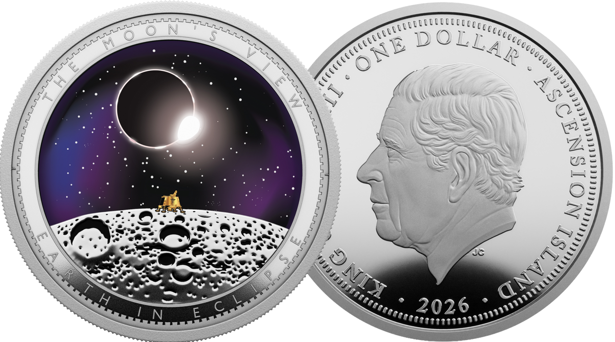 Two silver commemorative coins shown side by side on a white background. The left coin features a space scene with a moon surface, stars, and a dark eclipse sky.