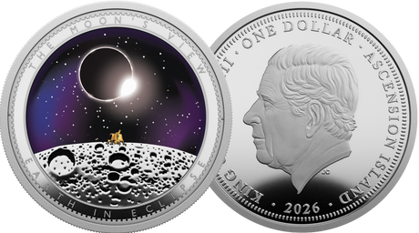 Two silver commemorative coins shown side by side on a white background. The left coin features a space scene with a moon surface, stars, and a dark eclipse sky.