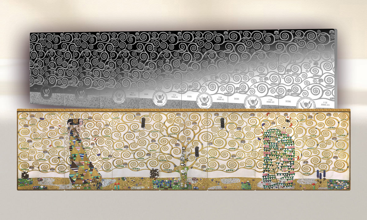 Two rectangular wall art panels shown against a light neutral background. The top panel is black and silver with repeating white spiral motifs.