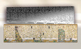 Two rectangular wall art panels shown against a light neutral background. The top panel is black and silver with repeating white spiral motifs.