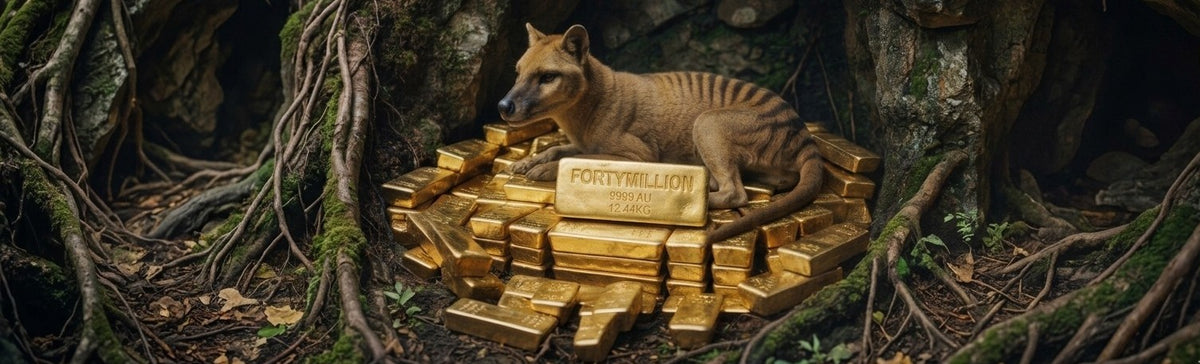 A large gold-toned bar engraved with '999.9 FINE GOLD FORTY MILLION TASMANIA 12.44 kg with a Thylacine or Tasmanian Tiger guarding them inher den.
