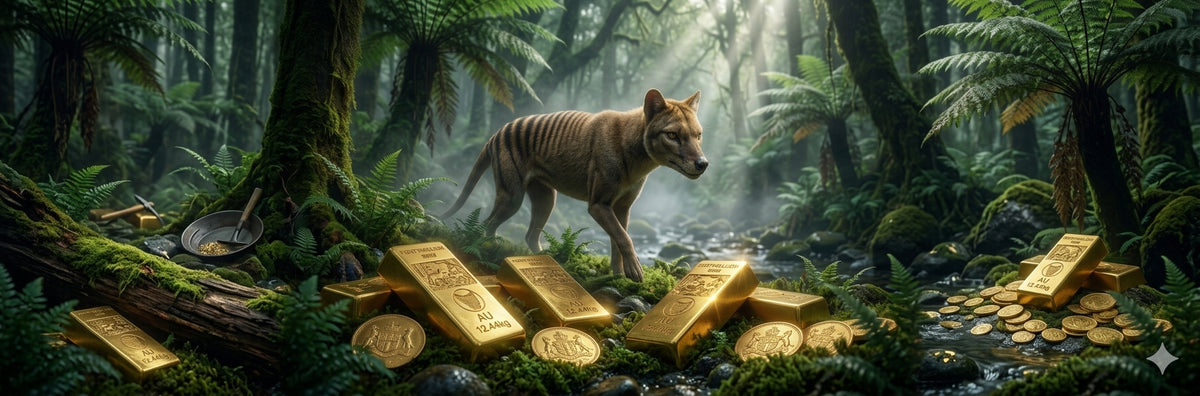An ultra-realistic thylacine emerging from a misty, dense primordial Tasmanian forest or riverbed. In the foreground, half-buried in the mossy ground and ferns, are several modern, perfectly polished, heavy gold bars catching the sunlight breaking through the tree canopy. Scattered on the ground are Bullion Bars stamped with the text - FORTYMILLION 9999 AU 12.44g, a Map of Tasmania in a circle and a separate Etched image of Thylacines in a rainforest. 