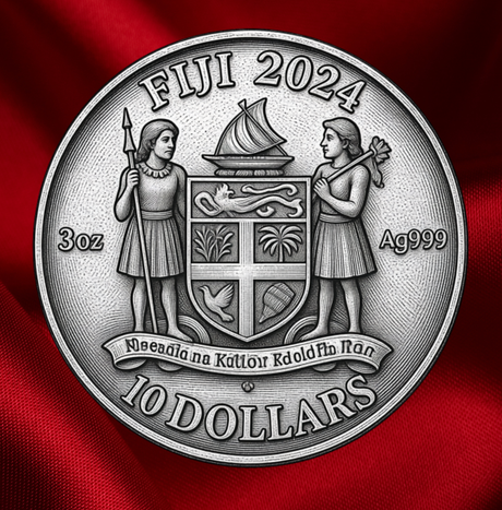 A round silver-colored Fiji 10-dollar coin featuring a detailed central crest with two figures, a sailboat, and a banner, shown against a draped red fabric background.