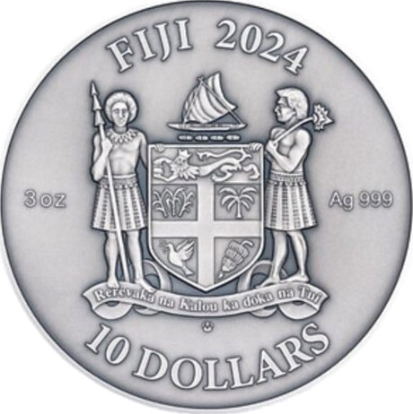 Obverse of 2024 Fiji $10 Jewish Mandala 3 oz Antique Silver Coin showing Coat of Arms of Fiji and Inscribed "FIJI 2024", "3 oz", "Ag 999" "$10 Dollars"