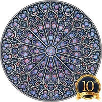 A Gold and Blue 1`0th Anniversary badge is pinned to a coin. The coin depicts a colorful mandala art design featuring intricate patterns and the Notre-Dame cathedral iconic rose window reproduction.