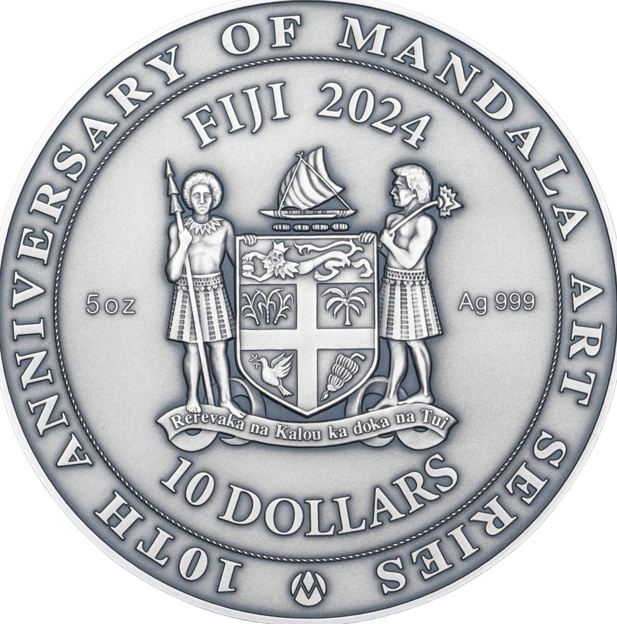 Obverse of 2024 Fiji Notre Dame Coin. Showing the Coat of Arms of Fiji, a legend inscribed with "10th Anniversary of Mandala Art Series", :10 Dollars" "Fiji 2024" "5oz" and "Ag 999".