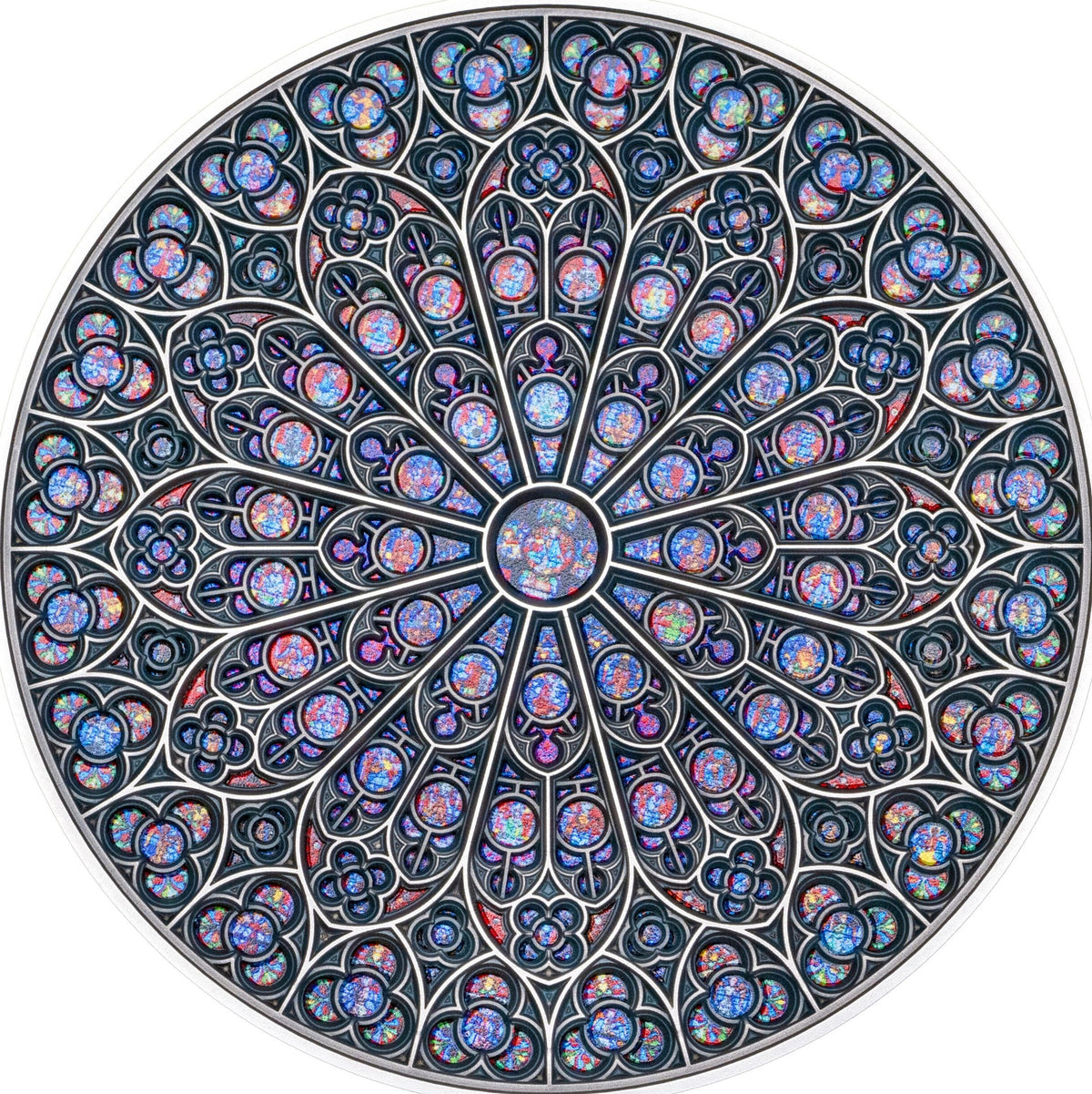 A colorful mandala art design featuring intricate patterns and the Notre-Dame cathedral iconic rose window reproduction.