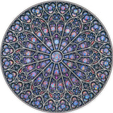 A colorful mandala art design featuring intricate patterns and the Notre-Dame cathedral iconic rose window reproduction.