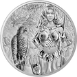 A silver coin featuring a high relief image of the goddess Arnhild from the Valkyries series, surrounded by eagles and Germanic runes, with a depiction of a shield and the year 2025.