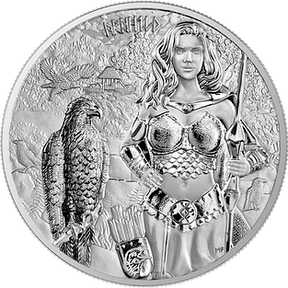 A silver coin featuring a high relief image of the goddess Arnhild from the Valkyries series, surrounded by eagles and Germanic runes, with a depiction of a shield and the year 2025.