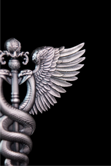 KOMSCO South Korea 2025 DIVINE WEAPONS Winged Staff 2.5 oz .999 Antiqued Silver Stacker