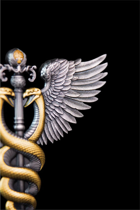 KOMSCO South Korea 2025 DIVINE WEAPONS Winged Staff 2.5 oz .999 Gilded Antiqued Silver Stacker