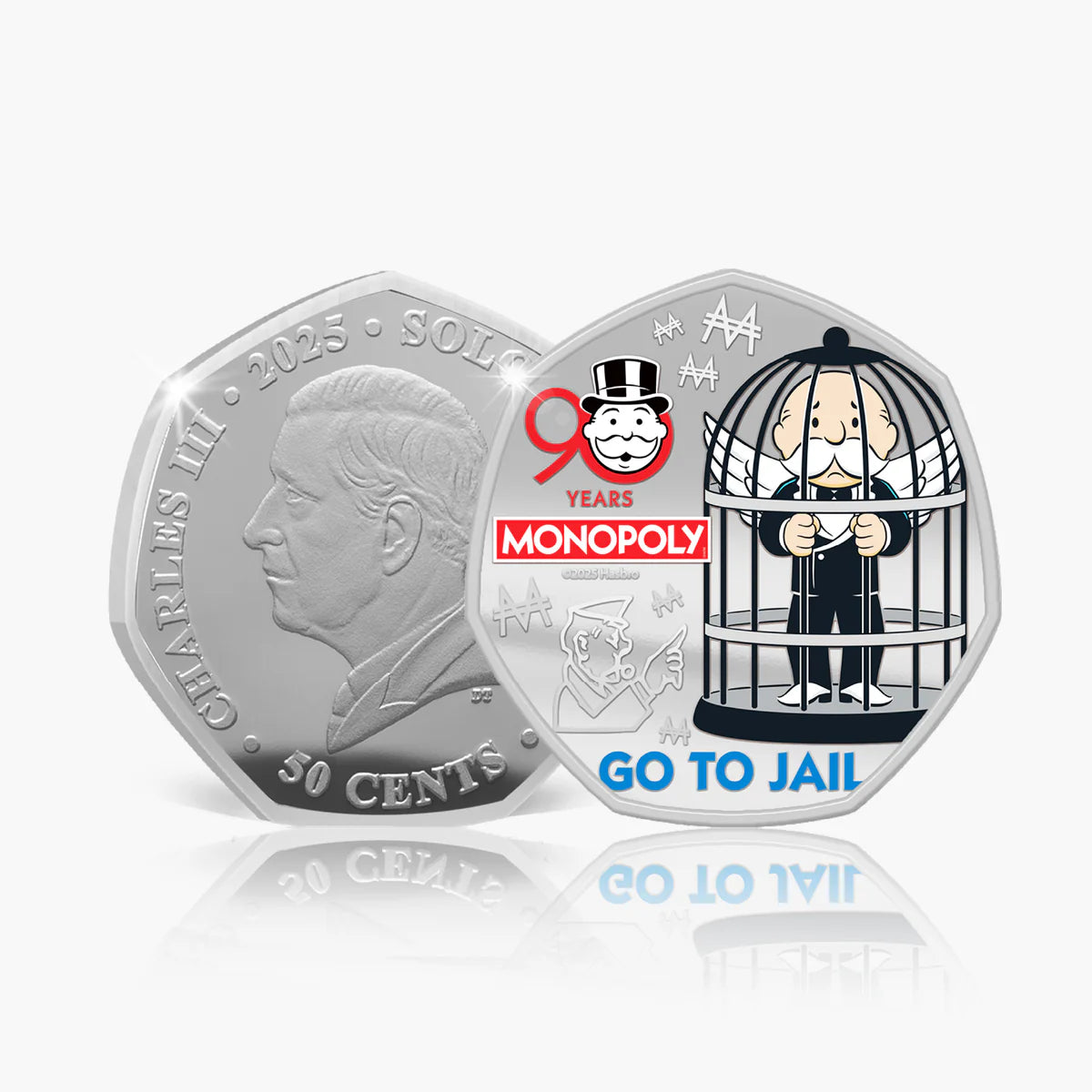 Silver coin with Monopoly branding and 'Go to Jail' illustration on a white background
