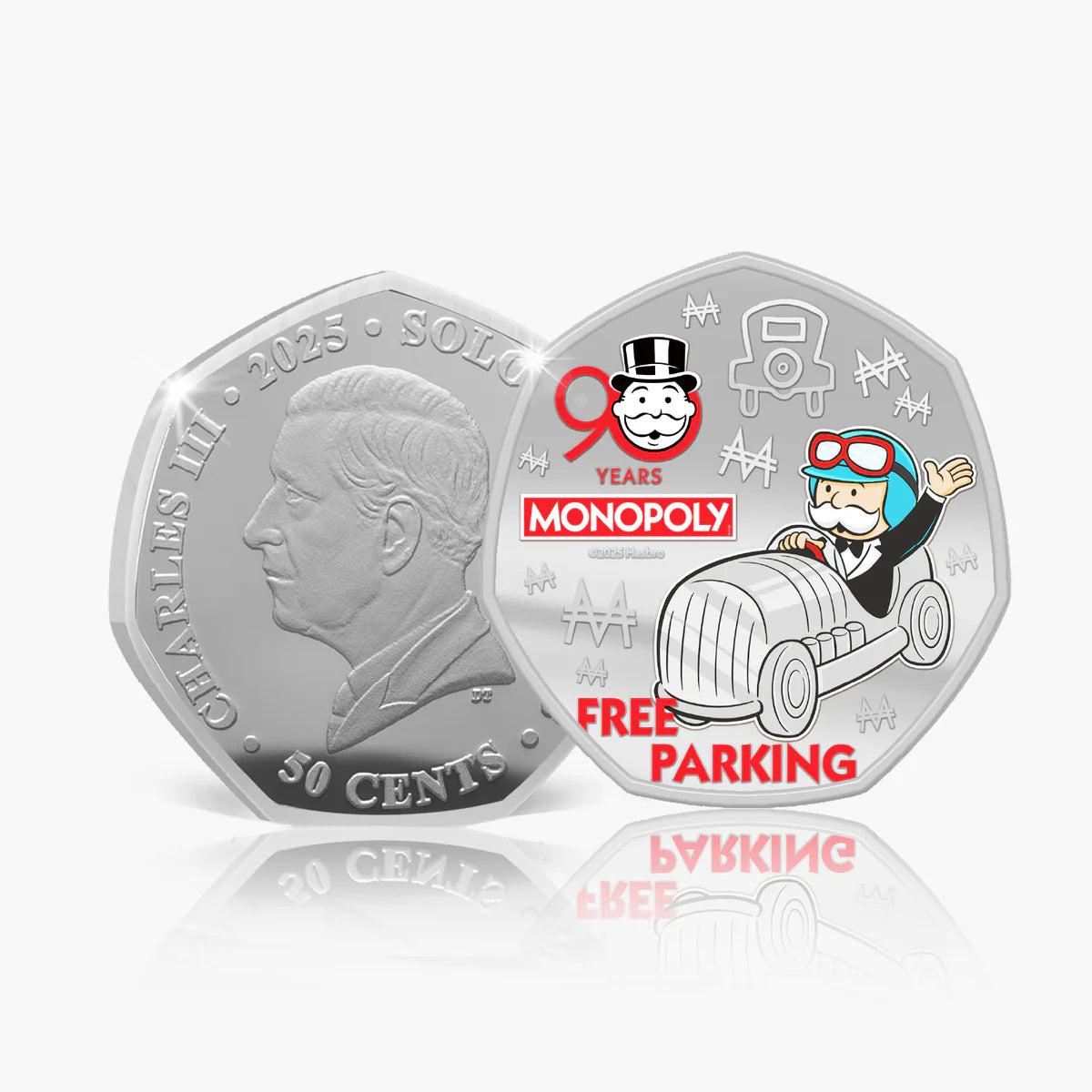 Silver coin with a portrait and Monopoly logo, featuring 'Free Parking' text.
