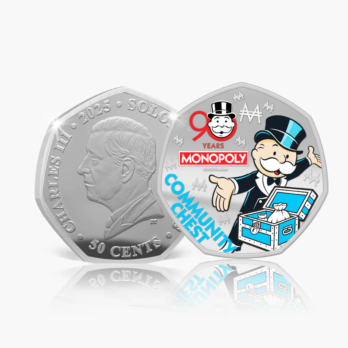 Silver coin with Monopoly branding and a character from the game on a white background