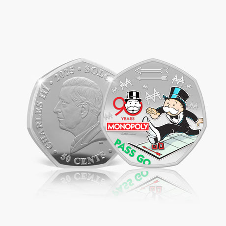 Silver coin with Monopoly branding and 'Pass Go' graphic on a white background