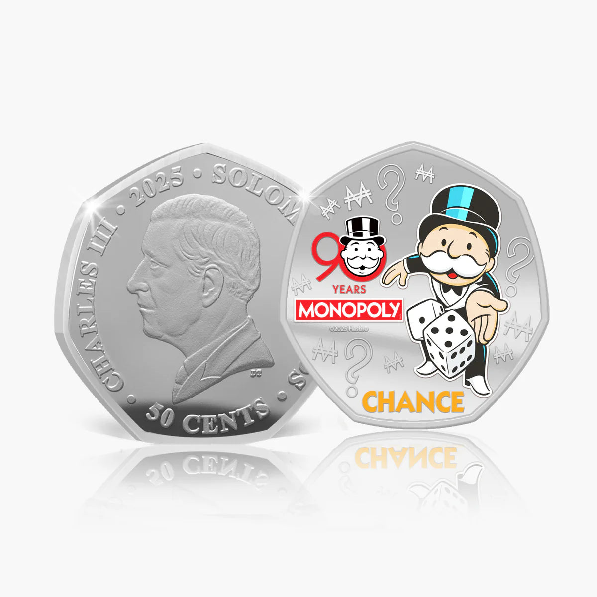 Silver coin with a portrait and Monopoly character on a white background