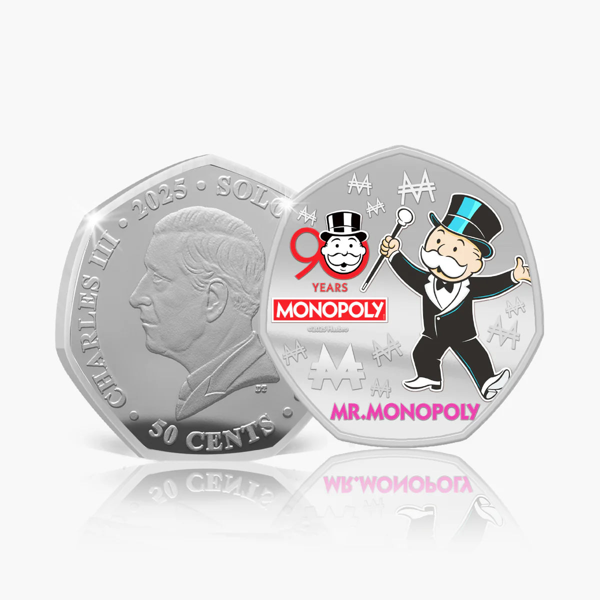 Silver coin with Monopoly branding featuring a character and text on a white background