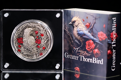 Gabon 2025 3000 Francs CFA Greater Thorn Bird 3oz .999 Antique Silver