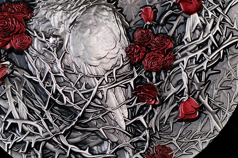 Gabon 2025 3000 Francs CFA Greater Thorn Bird 3oz .999 Antique Silver High relief Box Detail Detail UHR Banner Reverse Detail 2