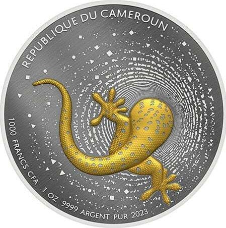Cameroon 2023 2000 Francs CFA HERPETON GECKO Dark Gilded Ultra High Relief 2 Oz .9999 Silver Coin Obverse and Rim