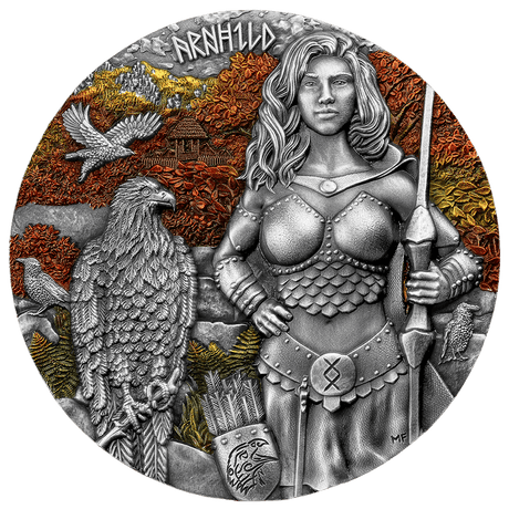 Arnhild holding a bow beside an eagle, with coloured autumn foliage on the 2025 Valkyries silver coin.