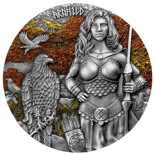 Arnhild holding a bow beside an eagle, with coloured autumn foliage on the 2025 Valkyries silver coin.