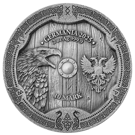 Arnhild coin obverse featuring an eagle, Germania shield emblem, knotwork border GERMANIA 2025 2 oz Ag 999.9 and 10 Mark inscription.s