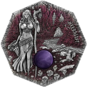 Decorative hexagonal plate with a figure of a woman, purple sphere, and nature elements.