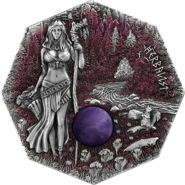 Decorative hexagonal plate with a figure of a woman, purple sphere, and nature elements.