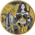 Arnhild holding a bow beside an eagle on the Germania 2025 Valhalla black-and-gold silver coin