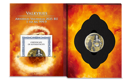 Open Arnhild Valhalla presentation showing the silver coin and Certificate of Authenticity