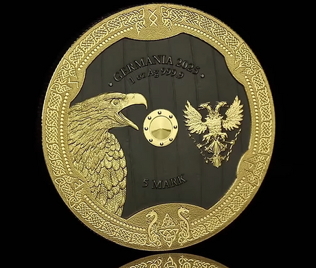 Angled reverse of the Arnhild Valhalla coin showing gold-toned eagle and decorative border
