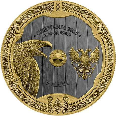 Arnhild Valhalla reverse showing an eagle, Germania Mint emblem and 5 Mark denomination within a decorative border