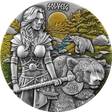 Germania Mint 2024 Valkyries Solveig silver coin, showing an armoured warrior with an axe, bears and a coloured forest beneath the sun.