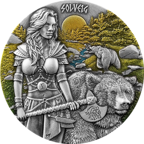 Germania Mint 2024 Valkyries Solveig silver coin, showing an armoured warrior with an axe, bears and a coloured forest beneath the sun.