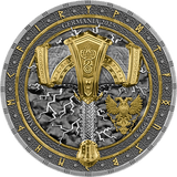 Decorative coin with intricate designs and text, featuring gold and silver colors.